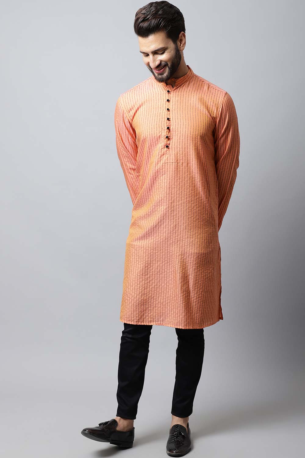Men's Light Red Self-Design Full Sleeve Long Kurta Top (LPP-STR1199-RSC)