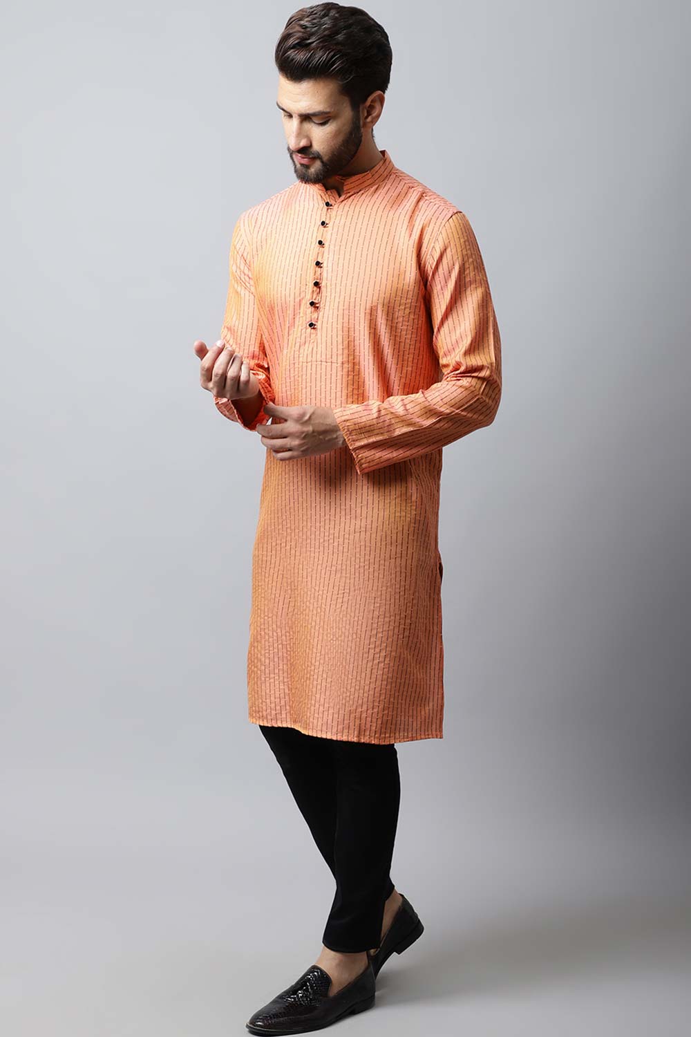 Men's Light Red Self-Design Full Sleeve Long Kurta Top (LPP-STR1199-RSC)