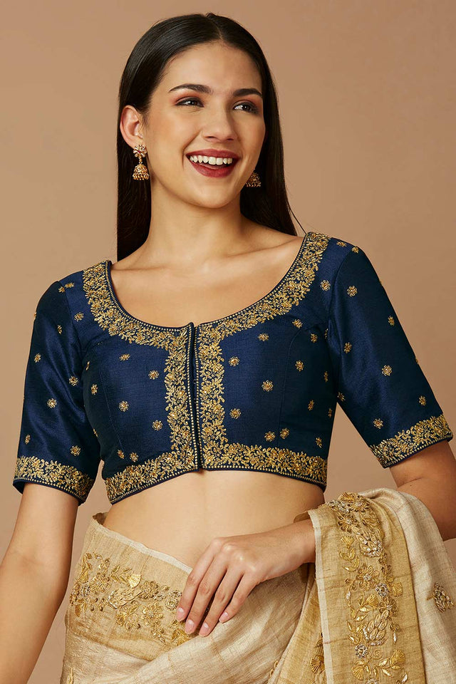 Blue Silk Elbow Length Padded Blouse