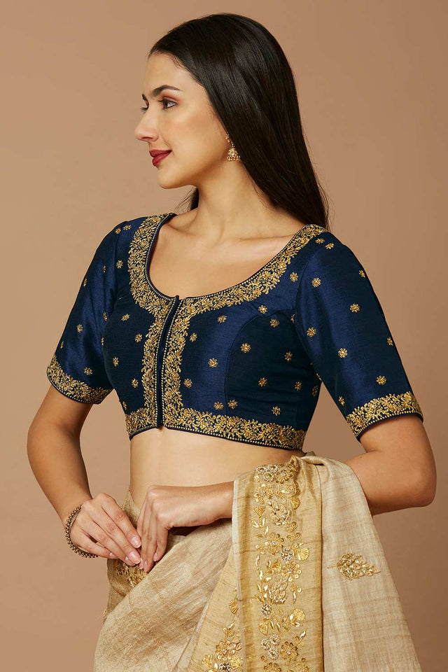 Blue Silk Elbow Length Padded Blouse