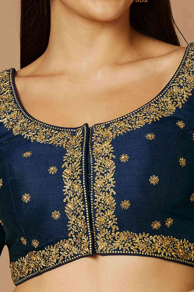 Blue Silk Elbow Length Padded Blouse
