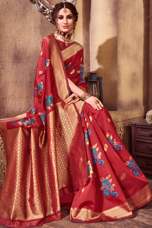 Art Silk Woven Saree In Red