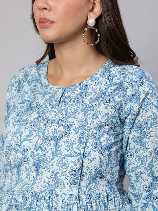Blue Pure Cotton Printed Dresses