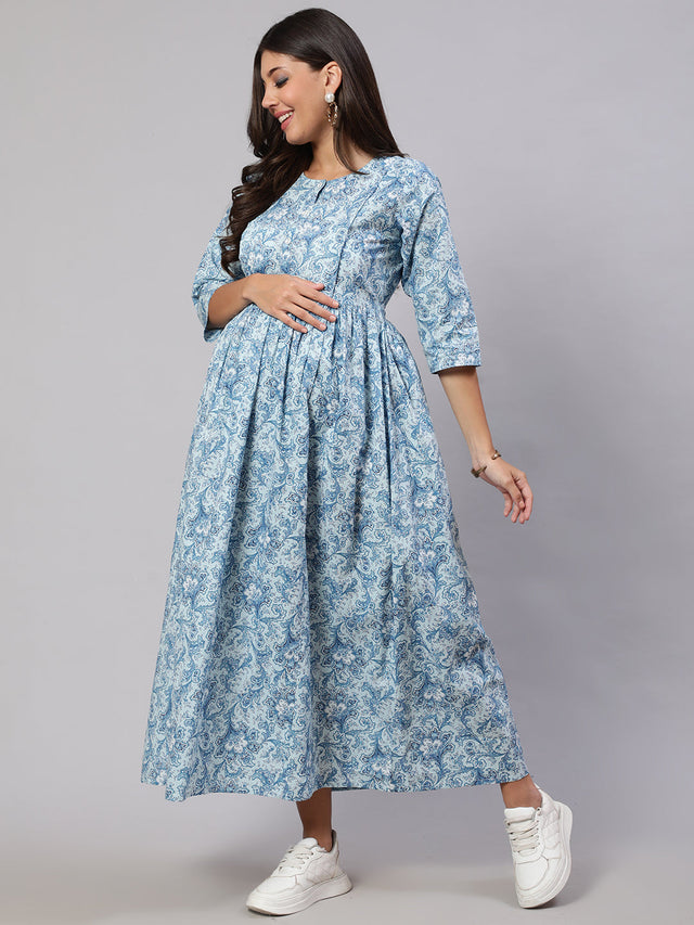 Blue Pure Cotton Printed Dresses