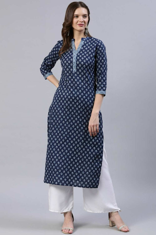 Buy Indigo Blue Cotton Floral Printed Straight Kurta Online