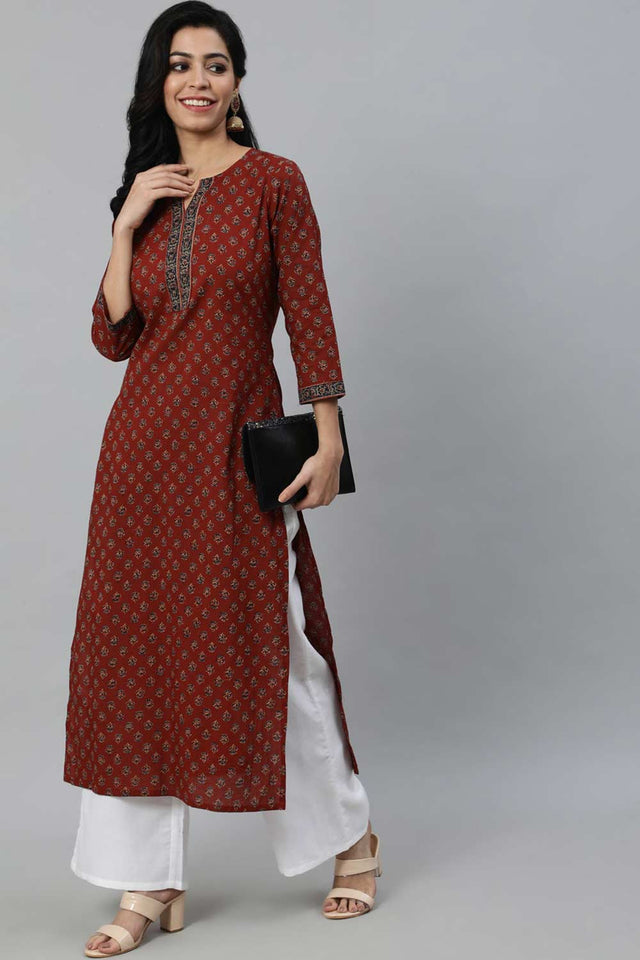 Buy Maroon Cotton Floral Printed Straight Kurta Online