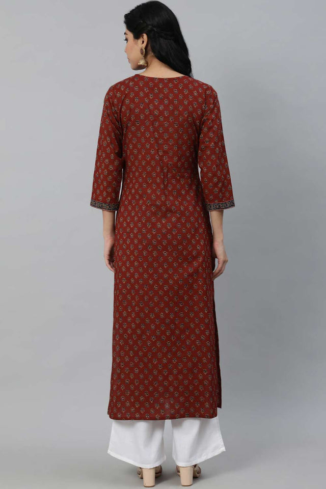Buy Maroon Cotton Floral Printed Straight Kurta Online - Side