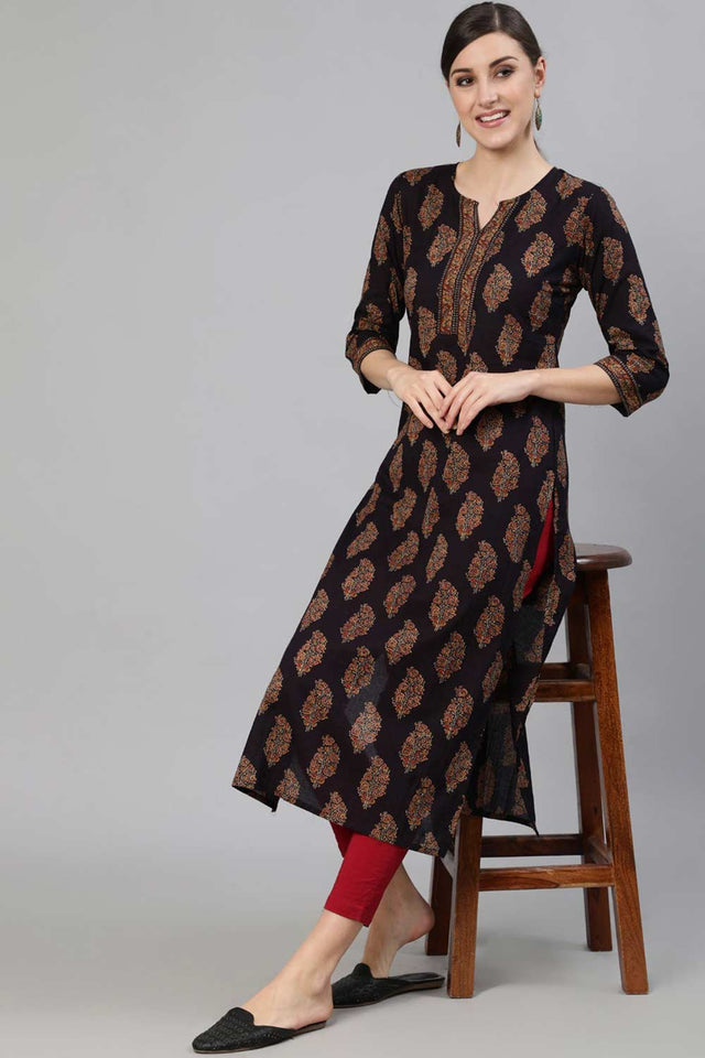Buy Black Cotton Ethnic Printed Straight Kurta Online