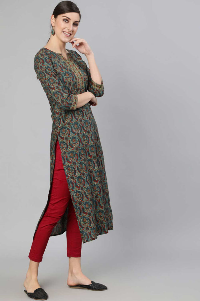 Buy Blue Ethnic Motif Cotton Printed Straight Kurta Online - Front