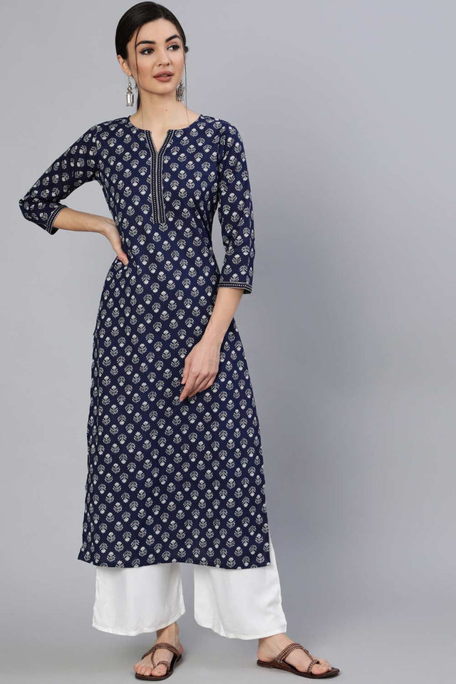 Buy Navy Blue & White Cotton Ethnic Motifs Printed And Thread Work Kurta Online