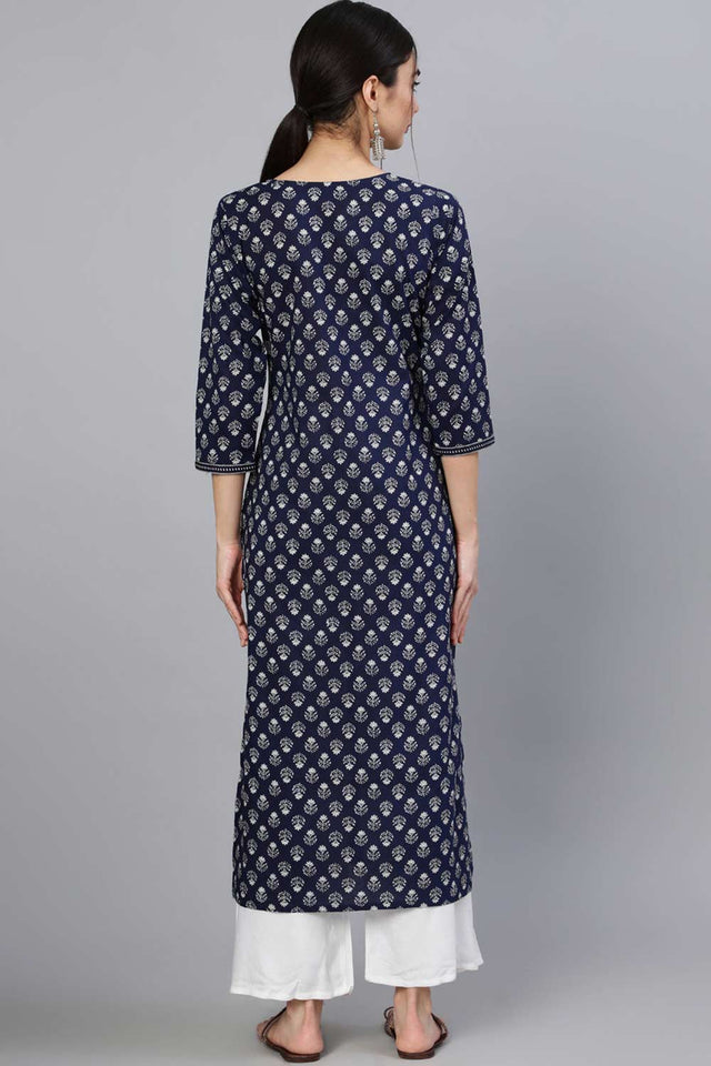 Buy Navy Blue & White Cotton Ethnic Motifs Printed And Thread Work Kurta Online - Side