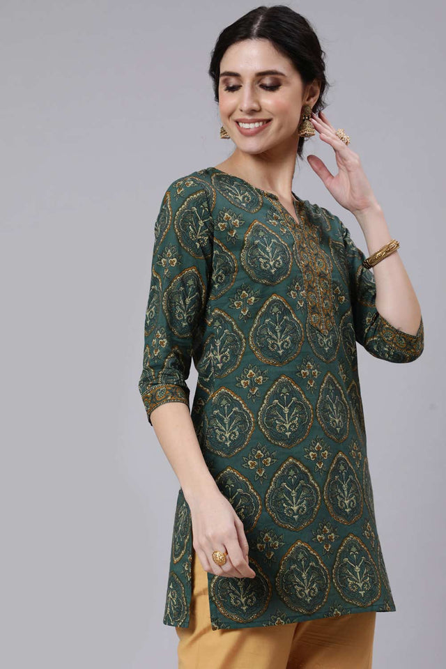 Buy Green Cotton geometric Ethnic Printed Tunic Online - Front