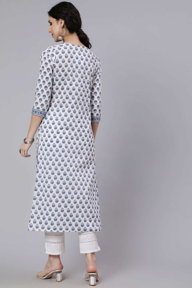 Buy Off-White Cotton Floral Printed Straight Kurta Online - Side