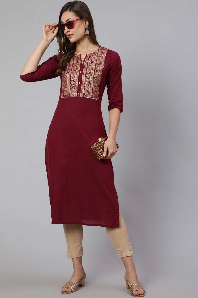 Buy Burgundy Cotton Printed Straight Kurta Online