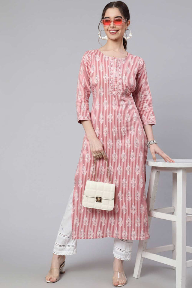 Buy Pink Cotton Printed straight kurta Online