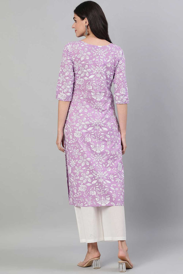 Buy Lavender Straight Cotton Floral Printed Cotton Kurta Online - Side