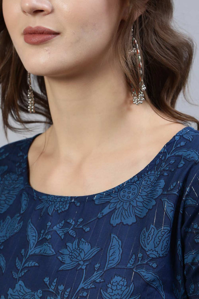 Buy Indigo Floral Printed Straight Palazzo Suit Set Online - Back