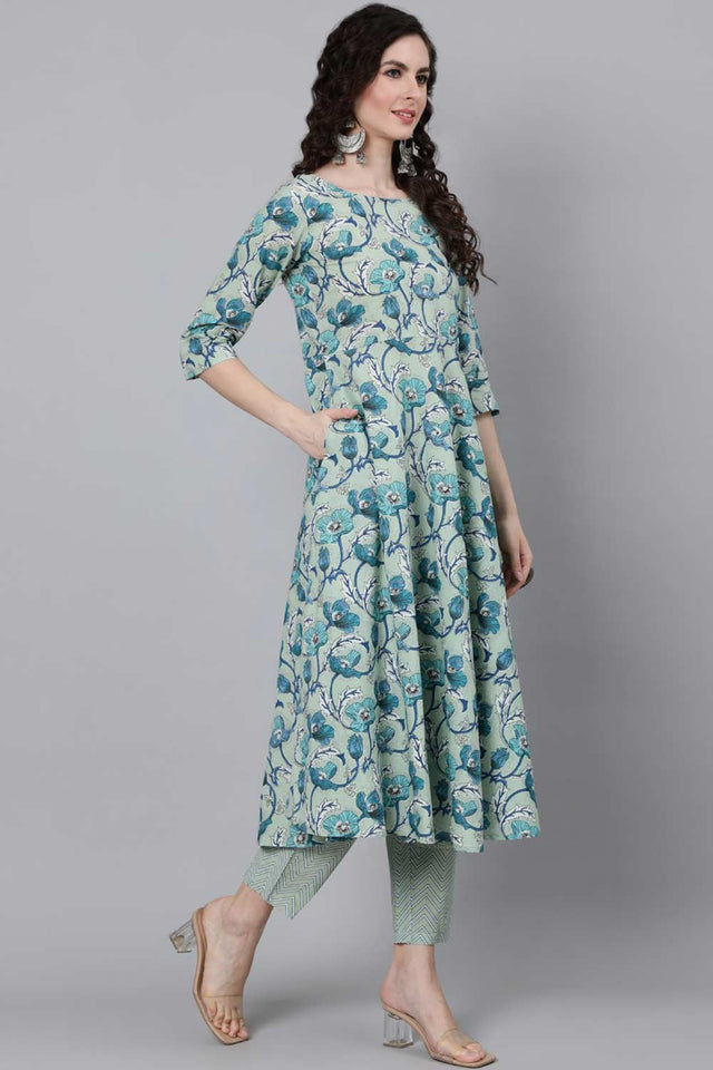 Buy Sage Green Floral Printed Pant Suit Set Online - Front