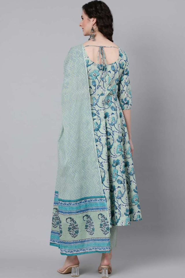 Buy Sage Green Floral Printed Pant Suit Set Online - Zoom In