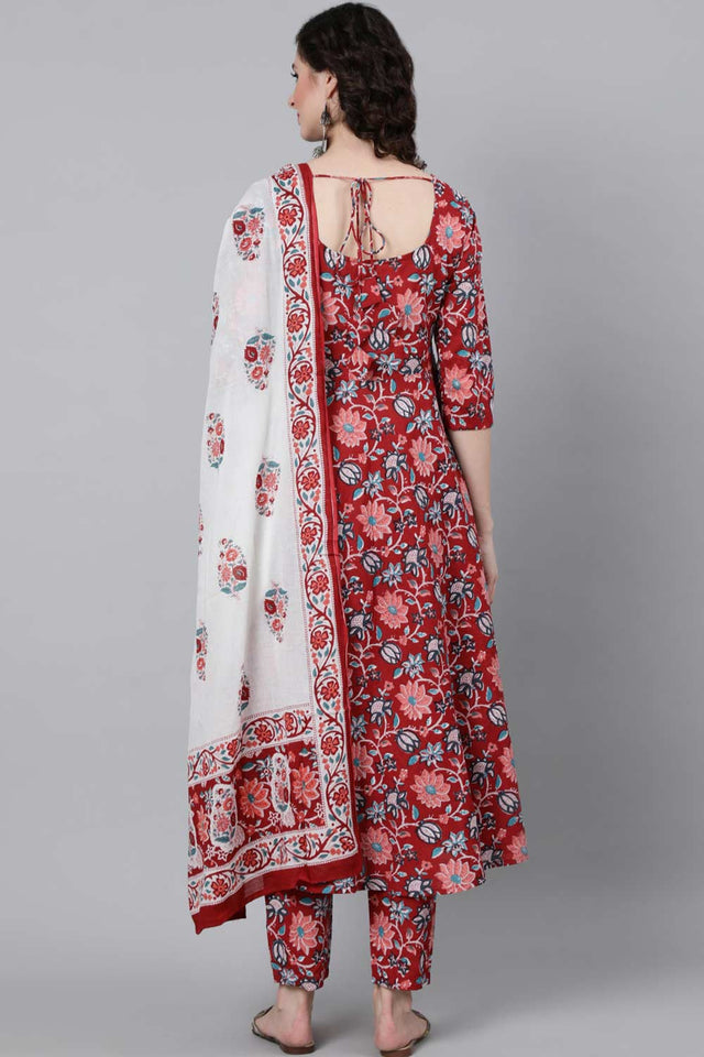 Buy Red Floral Printed Kurta With Trouser & Dupatta Online - Zoom Out