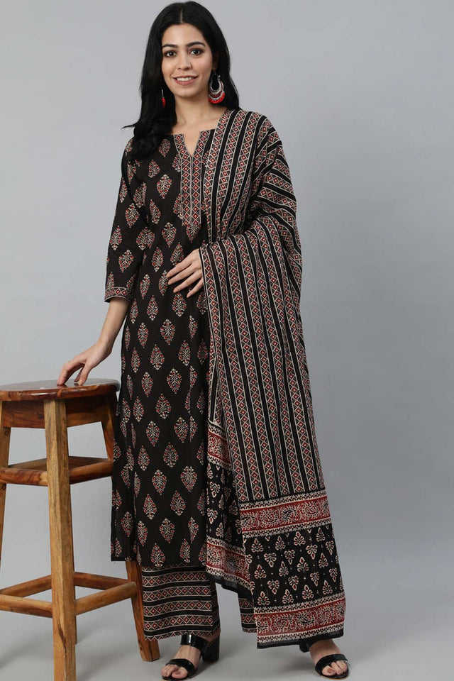 Buy Black Printed Straight Palazzo Suit Set Online