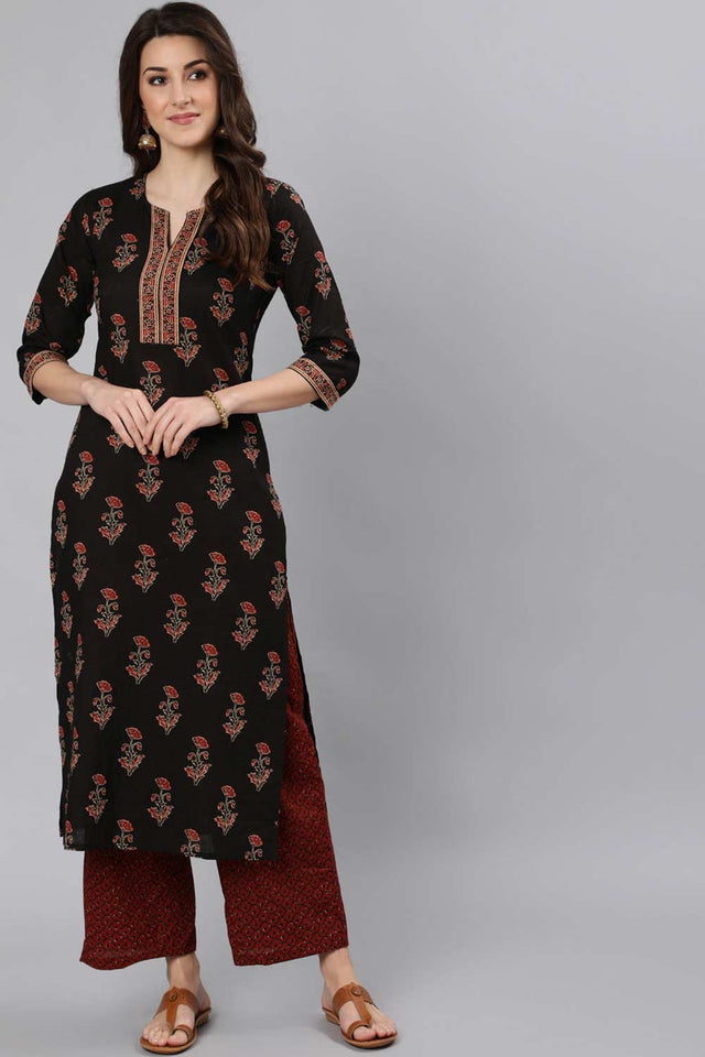 Buy Black Ethnic Cotton Floral Printed Straight Kurta Online - Back