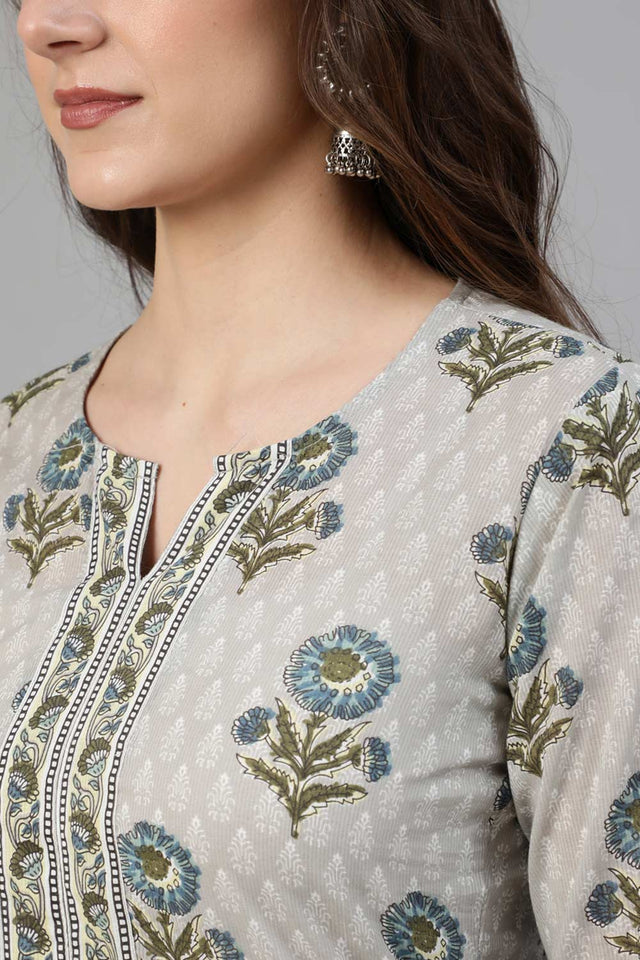 Buy Grey Printed Kurta With Palazzo & Dupatta Online - Back