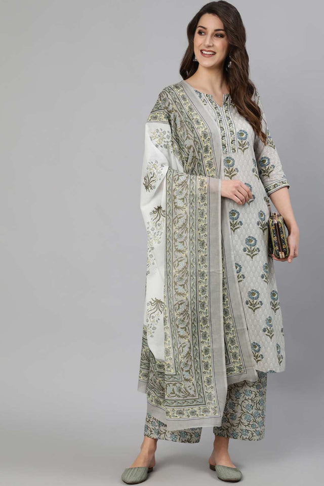 Buy Grey Printed Kurta With Palazzo & Dupatta Online