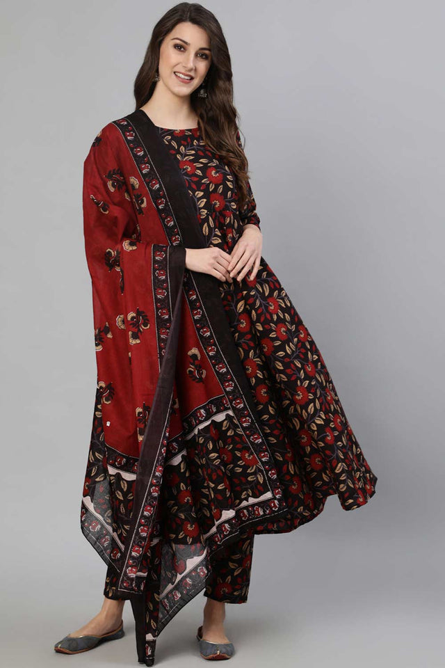 Buy Black And Maroon Floral Printed Pant Suit Set Online