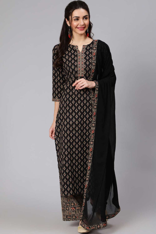 Buy Black Ethnic Printed Straight Palazzo Suit Set Online - Back