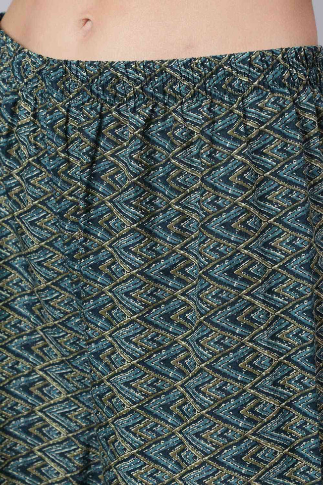 Buy Teal Blue Cotton Printed Ethnic Kurta With Palazzo Online - Front