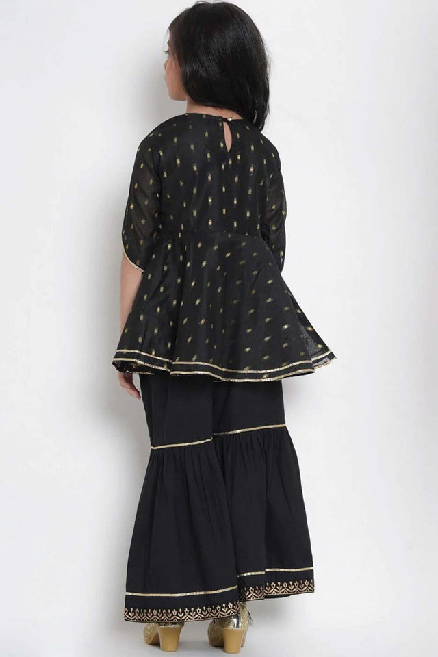 Buy Girl's Black And Gold-Coloured Woven Design Kurta With Sharara Online - Side