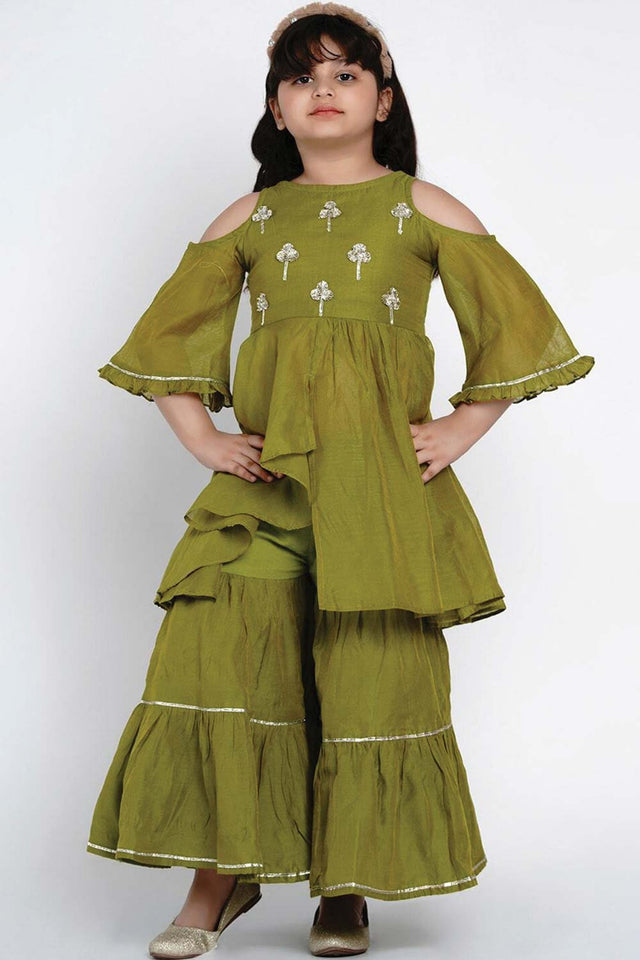 Buy Girl's Green Embroidered Kurti With Sharara Online