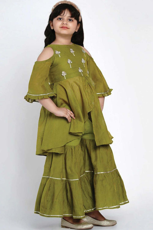 Buy Girl's Green Embroidered Kurti With Sharara Online - Front