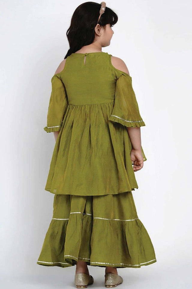 Buy Girl's Green Embroidered Kurti With Sharara Online - Side