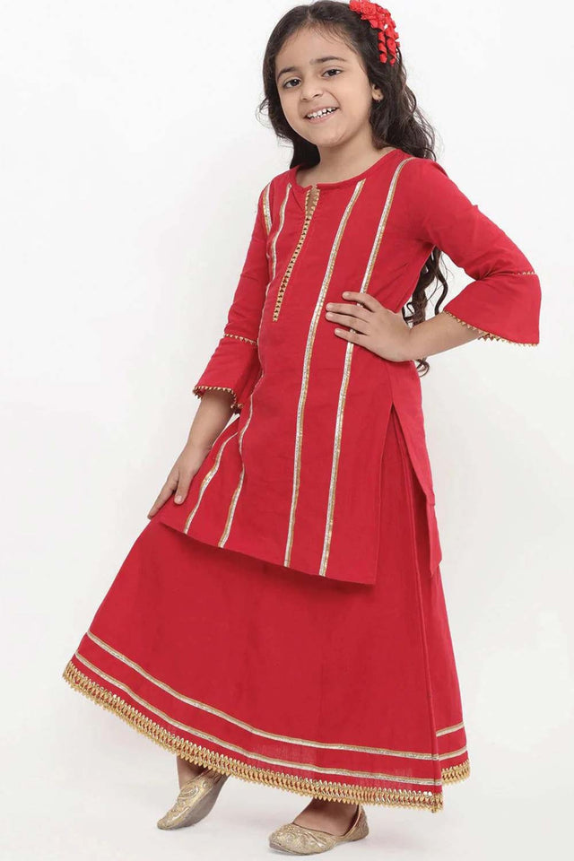 Buy Girl's Red Striped Kurta With Palazzos Online - Back