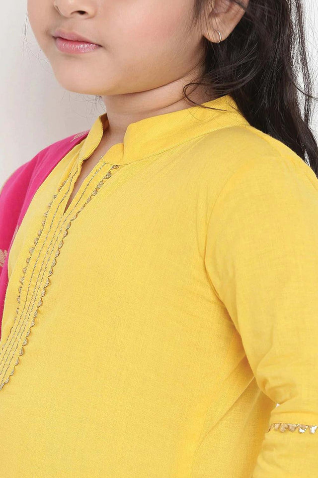 Buy Girl's Yellow And Pink Solid Kurti With Palazzos And Dupatta Online - Zoom In