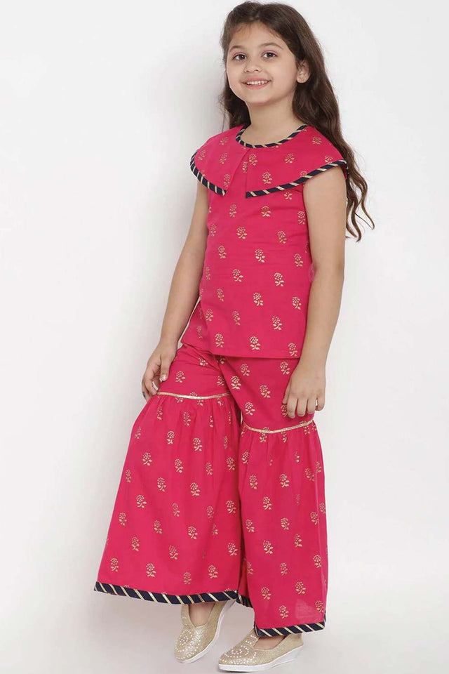 Buy Girl's Pink And Gold-Toned Printed Top With Palazzos Online - Back