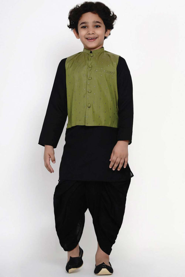 Buy Boy's Black Kurta Dhoti Set With Green Waistcoat Set Online