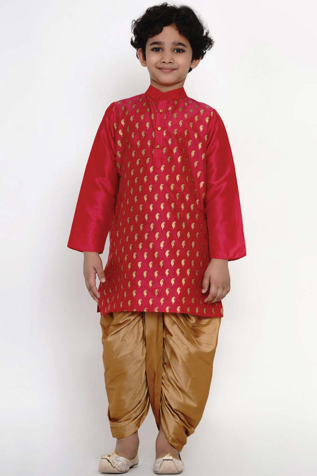 Buy Boy's Pink Kurta With Golden Dhoti Set Online