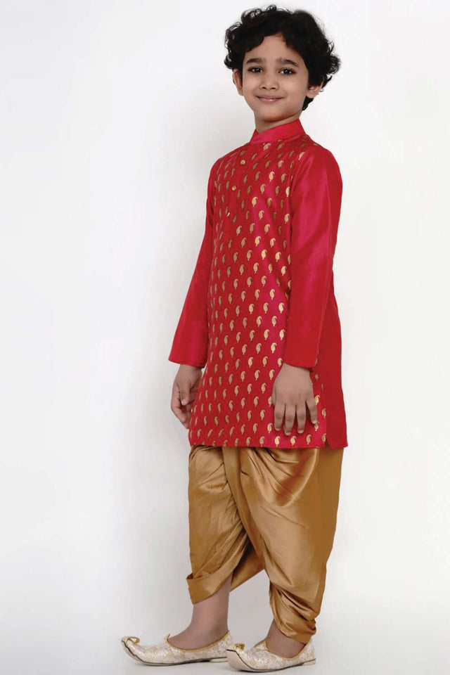 Buy Boy's Pink Kurta With Golden Dhoti Set Online - Side