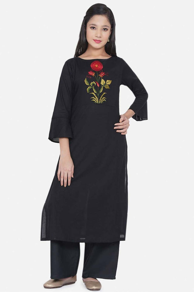 Buy Girl's Black And Red Floral Embroidered Kurta With Palazzos Online