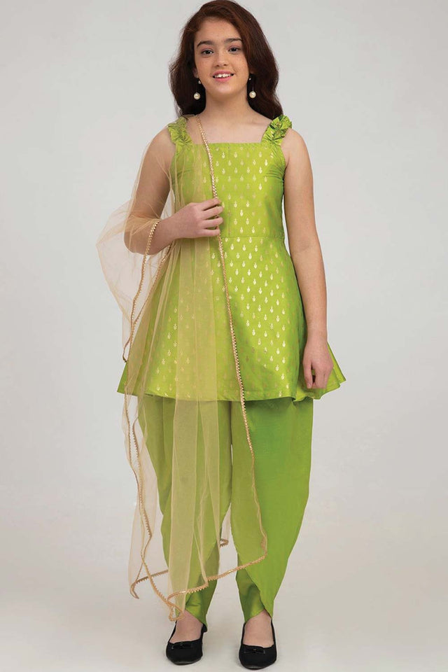 Buy Girl's Green Ethnic Motifs Kurti With Dhoti Pants And With Dupatta Online