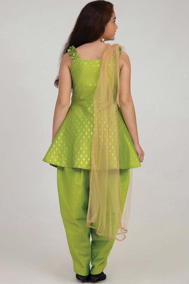 Buy Girl's Green Ethnic Motifs Kurti With Dhoti Pants And With Dupatta Online - Back