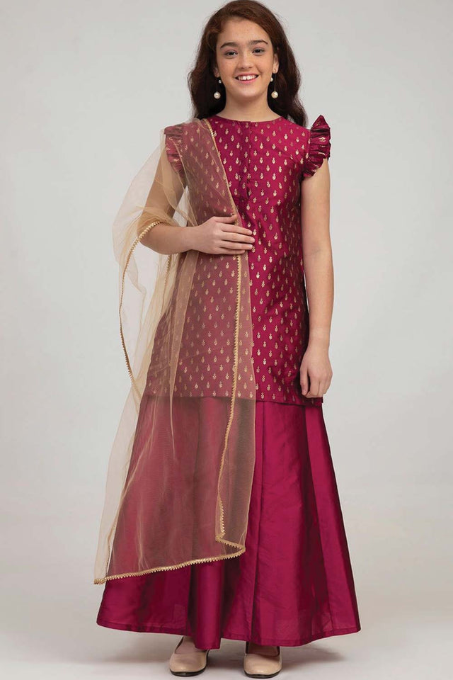 Buy Girl's Burgundy Embroidered Kurta With Sharara And With Dupatta Online