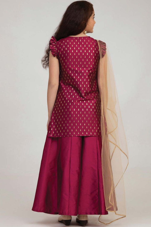 Buy Girl's Burgundy Embroidered Kurta With Sharara And With Dupatta Online - Back