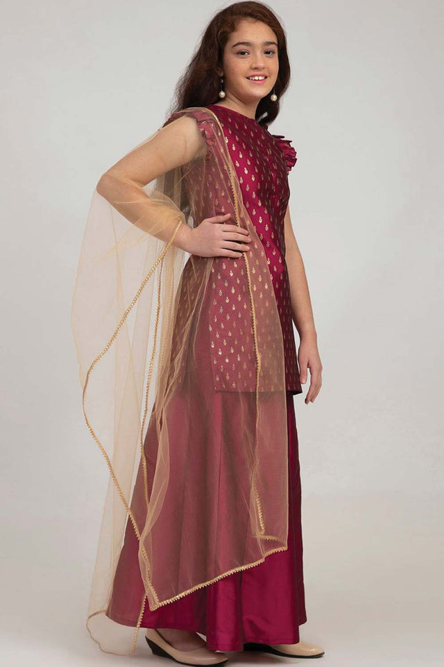 Buy Girl's Burgundy Embroidered Kurta With Sharara And With Dupatta Online - Front
