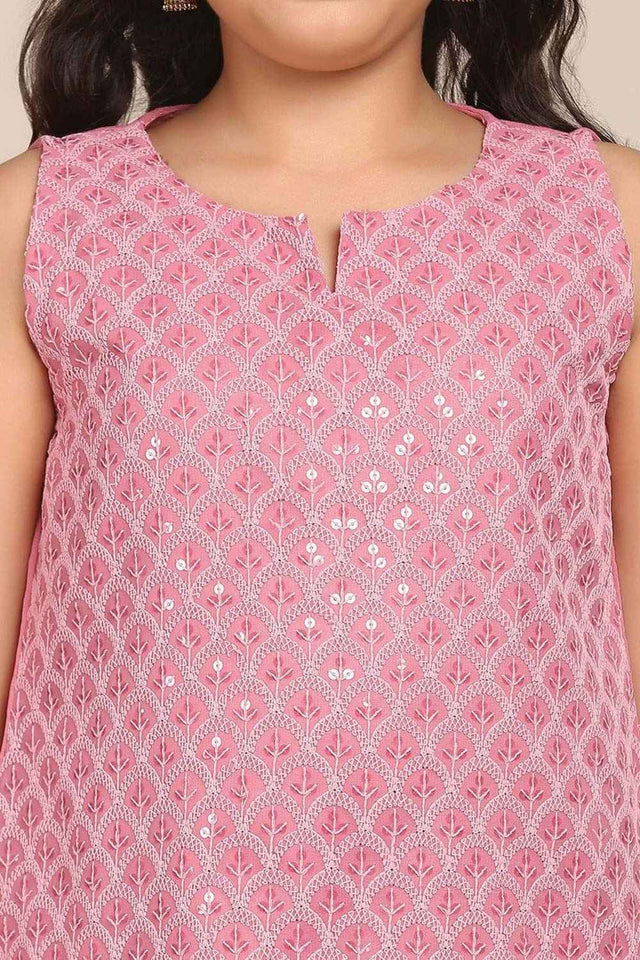 Buy Girl's Pink Embroidered Kurta With Sharara And With Dupatta Online - Zoom In