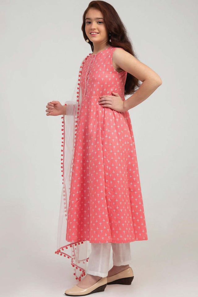 Buy Girl's Pink Ethnic Motifs Printed Pure Cotton Kurta With Trousers And With Dupatta Online - Front