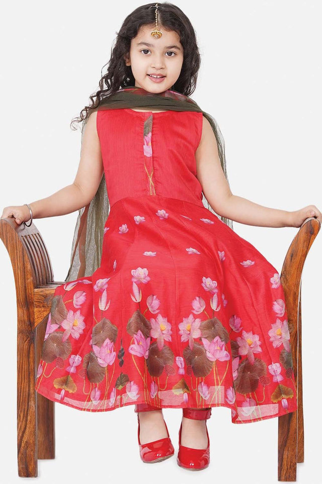 Buy Girl's Red Ethnic Motifs Printed Chanderi Cotton Kurta With Churidar And With Dupatta Online